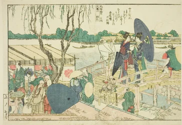 Seiten aus dem illustrierten Buch "Panoramablicke entlang der Ufer des Sumida-Flusses (Ehon Sumidagawa ryogan ichiran)"