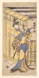 Der Schauspieler Nakamura Noshio II, in Frauenrolle, hält eine Shakuhachi (Bambusflöte)