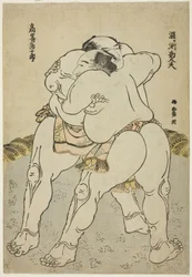 Die Sumo-Ringer Uzugafuchi Kandayu und Takasaki Ichijuro