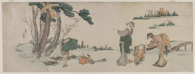 Frauen lenken ein Kind ab, dessen Drachen in einem Baum festhängt, ca. 1800