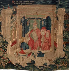 Geschichte von Saint Piat und Saint Eleuthère, auch Arras-Wandteppich genannt. Bestellt von Kanonikus Toussaint Prier, Kaplan des Herzogs von Burgund, Ende des 14. bis Anfang des 15. Jahrhunderts (Wandteppich)
