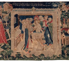 Geschichte von Saint Piat und Saint Eleuthère, auch genannt Wandteppich von Arras. Bestellt von Kanonikus Toussaint Prier, Kaplan des Herzogs von Burgund, Ende 14. Anfang 15. Jahrhundert. 22m x 2m. Detail (Wandteppich)