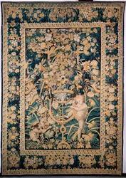 Wandteppich. Enghien. Junge, der einem wilden Tier gegenübersteht (Bambin taquinant un jeune fauve, De knaap met het jonge wilde dier). 363 cm x 259 cm. Ein Junge oder Putto, der ein wildes Tier, vielleicht einen Leoparden, mit einer Birne an einem Stock n