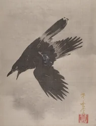 Krähe fliegt im Schnee, ca. 1887