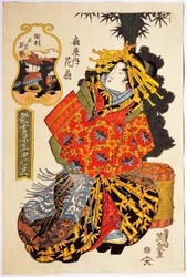 Kurtisane Hanaogi aus dem Ogiya-Haus bei der Frühlingsparade der Kurtisanen, um 1830, Ukiyo-e-Kunstdruck von Keisai Eisen (1790-1848)