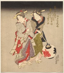 Fukagawa Kurtisane und eine Magd bei Nacht