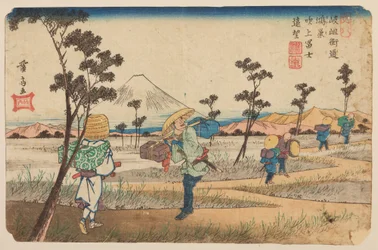 Konosu, ein Pilger und Passanten auf einem Feldweg, Tafel 8 aus der Serie: Neunundsechzig Stationen der Kisokaido-Straße (gebirgige Binnenstraße von Mino nach Shinano) / Kisokaidō rokujūkyū tsugi
