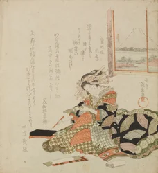 Kurtisane, die auf luxuriösem Papier schreibt / Yūjo mit einem Tanzaku
