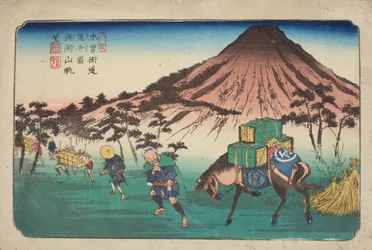 Oiwake, Reisende mit einem Pferd ziehen an einem Berg vorbei, Blatt 22 aus der Serie: Die neunundsechzig Stationen der Kisokaido-Straße / Kisokaido rokujūkyū tsugi
