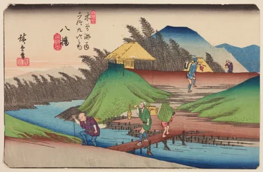 Yawata, Hütte auf einem Hügel über einem Flüsschen, Tafel 25 aus der Serie: Die neunundsechzig Stationen der Kisokaido-Straße