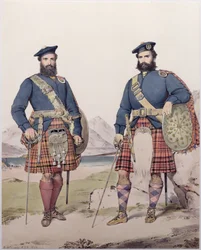 Zwei Männer in Highland-Kleidung, graviert von Vincent Brooks, 1868