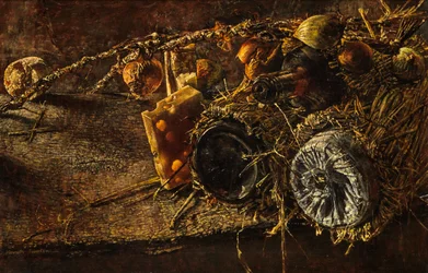 Stillleben mit Käse und Flaschen