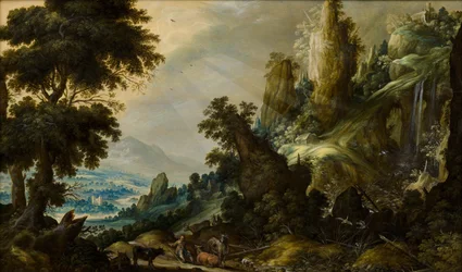 Berglandschaft mit Wasserfall, 1605-1609
