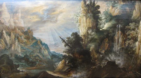 Eine gebirgige Landschaft mit einem Wasserfall von Kerstiaen de Keuninck, um 1600