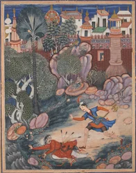 Umar geht um die Burg Fulad, trifft einen Fußsoldaten und tritt ihn zu Boden, ca. 1570