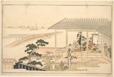 Eine Gesellschaft von Lustigen in einem Haus in Yoshiwara bei Mondschein