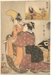 Eine Frau kleidet ein Mädchen für den Kabuki-Tanz „Musume Dojōji“, mit dem „Bruderbild“ (E-kyōdai) eines Affendompteurs