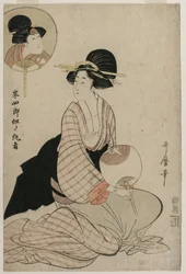 Eine attraktive Frau, die wie der Schauspieler Iwai Hanshiro V aussieht, 1806