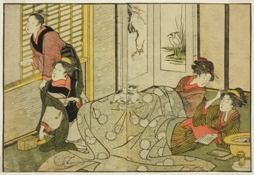 Innenszene an einem verschneiten Tag, aus dem illustrierten Buch "Bilderbuch: Blumen der vier Jahreszeiten (Ehon shiki no hana)", Bd. 2