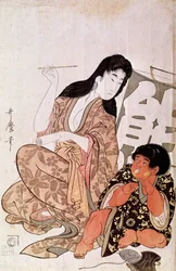 Kintarō und Yamauba beim Kalligrafieren, Serie: Yamauba und Kintarō. Japanischer Holzschnitt von Kitagawa Utamaro (1753-1806). Maße: 0,38 x 0,26 m. 1790-1806. Paris, Musée Guimet, Nationalmuseum für asiatische Kunst