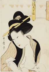 Porträt einer Mutter, die ihr Kind stillt, aus der Serie "Zwölf Typen schöner Frauen mit Landschaften berühmter Orte"