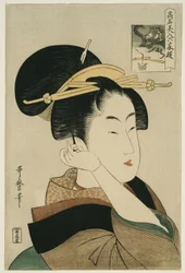 Tatsumi Roko, aus der Serie „Berühmte Schönheiten verglichen mit den sechs unsterblichen Dichtern“ ("Komei bijin rokkasen")