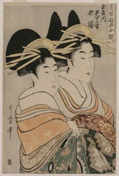Die Kurtisanen Kasugano und Utahama von Tamaya aus der Serie Kurtisanen der Vergnügungsviertel in Doppelspiegeln