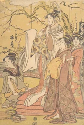 Die Oiran Hinazuru von Chojiya steht auf einem Stapel Futons, ca. 1794