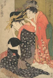 Die Oiran Yoso-oi sitzt an ihrem Toilettentisch, ca. 1799