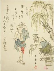 Der sechste Monat (Rokugatsu), aus einer unbetitelten Serie von Genreszenen in den zwölf Monaten, mit Kyoka-Gedichten