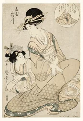 Die Kurtisane Takigawa und ihre Begleiterin aus dem Ogiya in Anspielung auf den Dichter, 1800-02