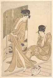 Zwei junge Frauen nach einem Bad in Yukata gehüllt