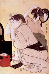 Zwei Frauen frisieren sich: eine schaut in den Spiegel, während die andere kämmt. Japanischer Druck von Utamaro Kitagawa (1753-1806). 1794-1795. Paris, Guimet Museum, Nationalmuseum für asiatische Kunst