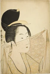 Frau, die ein Stück Stoff hochhält (Nuno o kazasu onna)