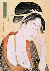 Frau, die sich die Lippen wünscht. Japanischer Druck von Utamaro Kitagawa (1753-1806). 18. Jahrhundert. Paris, Guimet Museum, Museum für asiatische Künste