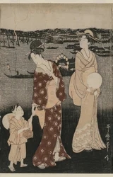 Frauen genießen die Abendkühle in der Nähe der Ryogoku-Brücke