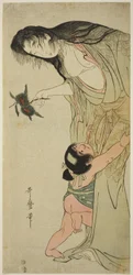 Yamauba hält Kastanien, während Kintaro danach greift, ca. 1804-5