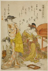 Die Kurtisane Hitomoto von Daimonjiya, aus dem Album "Vergleich neuer Schönheiten von Yoshiwara - Ein Spiegel ihrer eigenen Schriften (Keisei shin bijin awase jikihitsu kagami)"