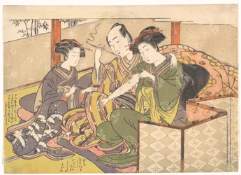Dienerin trägt ein Heilmittel auf den Arm einer Geisha auf