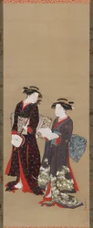 Zwei Mädchen stehen, eines hält ein offenes Buch, 1615-1868