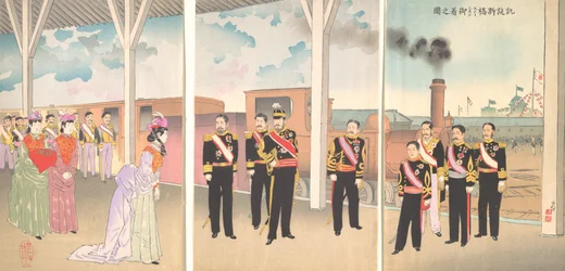 Illustration der Ankunft des Kaisers am Bahnhof Shinbashi nach einem Sieg Gaise..., 1895