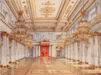 Die Georgshalle (der große Thronsaal) des Winterpalastes in Sankt Petersburg