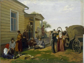 Friedensrichter. Gerichtsgebäude auf dem russischen Land, Bauern warten plaudernd, Juristen sind geschäftig. Gemälde von Konstantin Apollonovich Savitsky (1844-1905). Russische Kunst, 19. Jahrhundert. Regi