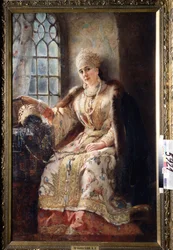 Boyar-Frau am Fenster. Die Hand auf einer Truhe, die Frau trägt ein Sarafan-Kleid und einen traditionellen Kokoschnik auf dem Kopf. Gemälde von Konstantin Yegorovich Makovsky (1839-1915)
