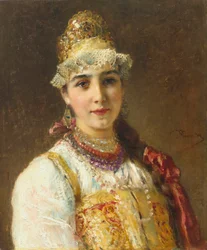 Porträt einer Bojarenfrau in einem Sarafan-Kleid und mit einem traditionellen Kokoschnik auf dem Kopf