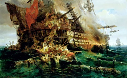 Ein türkisches Kriegsschiff in Flammen