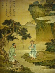 Gespräch zwischen einem Fischer und einem Holzfäller, Detail einer Tinte auf Seide auf Tafel, anonym