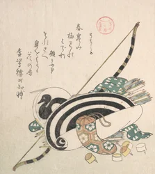 Bogen, Pfeile, Zielscheibe und andere Ausrüstungen für das Bogenschießen, ca. 1814