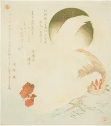 Hahn, Henne und aufgehende Sonne, aus der Serie "Sieben Vogel-und-Blumen-Drucke für den Fuyo-Kreis von Kanuma in der Provinz Shimotsuke (Yamagawa Shimotsuke Kanuma Fuyo-ren kacho nanaban tsuzuki no uchi)"