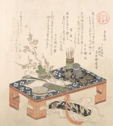 Schreibtisch mit Schreibset und Pflaumenblüten..., wahrscheinlich 1814 Jahr des Hundes